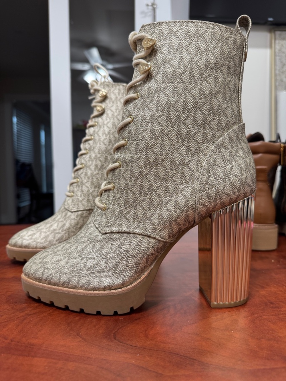 Michael Kors Metallic Gold Lace-Up Logo Combat Boots - Picture 4 of 5